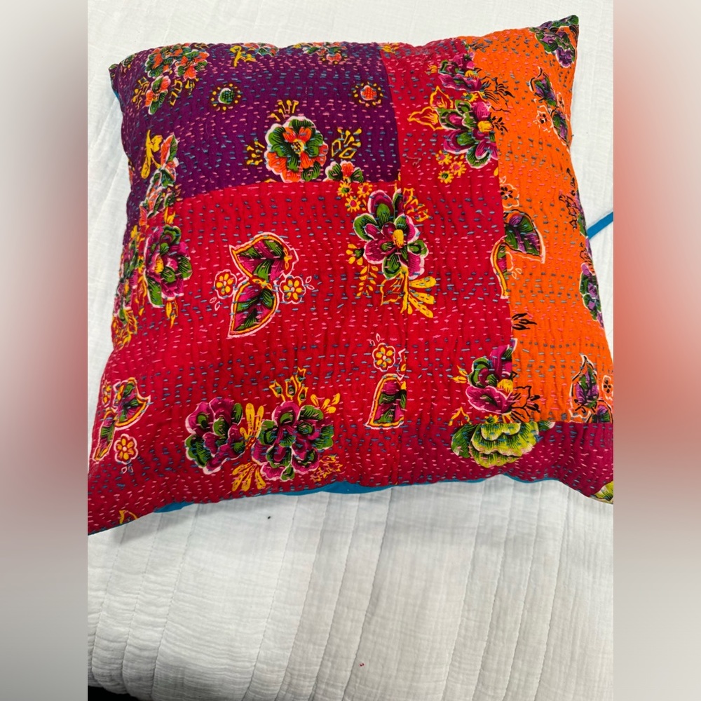 Indian Handmade Stitched Cotton Print Orange Reversible Kantha pillow cover